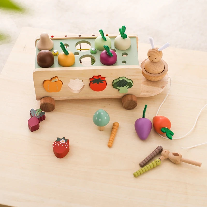 Wooden Turnip Car Stretch Rope Hand-pulled Car Baby Carrot Pulling Toy Shape Matching Toy Parent-child Education Montessori Toys