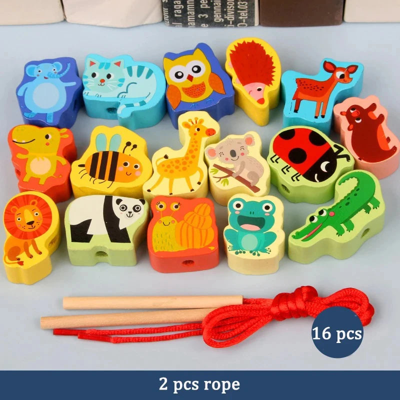 Wooden Montessori Toy 4-in-1 Fishing Game Stacking Blocks Lacing Beads Pattern Shape Matching Toys for Toddlers Kids