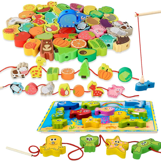 Wooden Montessori Toy 4-in-1 Fishing Game Stacking Blocks Lacing Beads Pattern Shape Matching Toys for Toddlers Kids